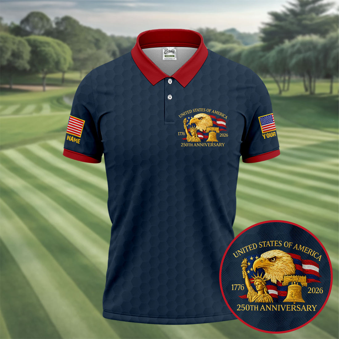 United States 250th Anniversary Patriotic Eagle Navy Custom Golf Shirts, 4th Of July Golf Shirts For Men