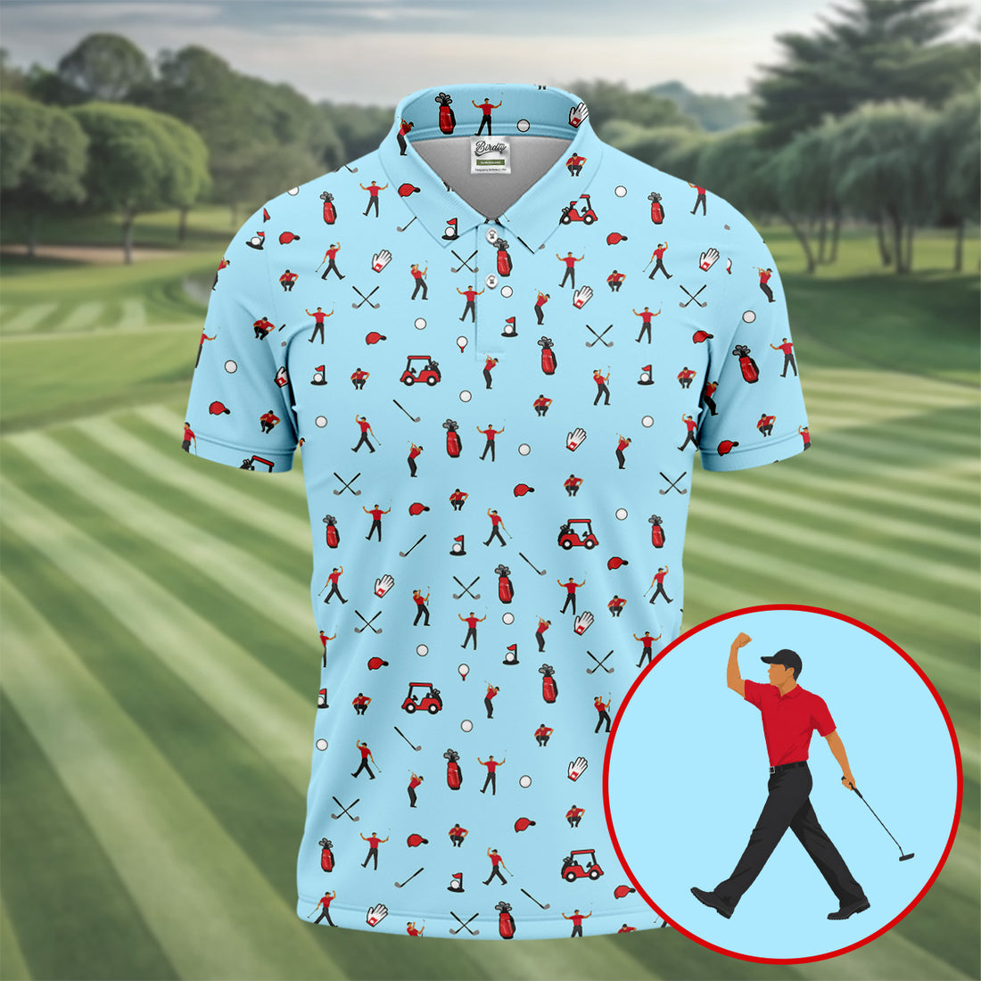 Blue Golf Player Pattern Polo Shirt, Golf Polo Shirts For Men, Printed Golf Shirts