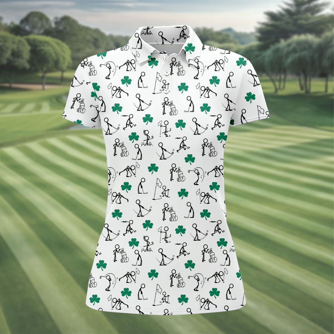 Stick Figure Golf Pose St Patrick's Day Shamrock White Golf Shirt, Women's Golf Tops, Ladies Golf Polos