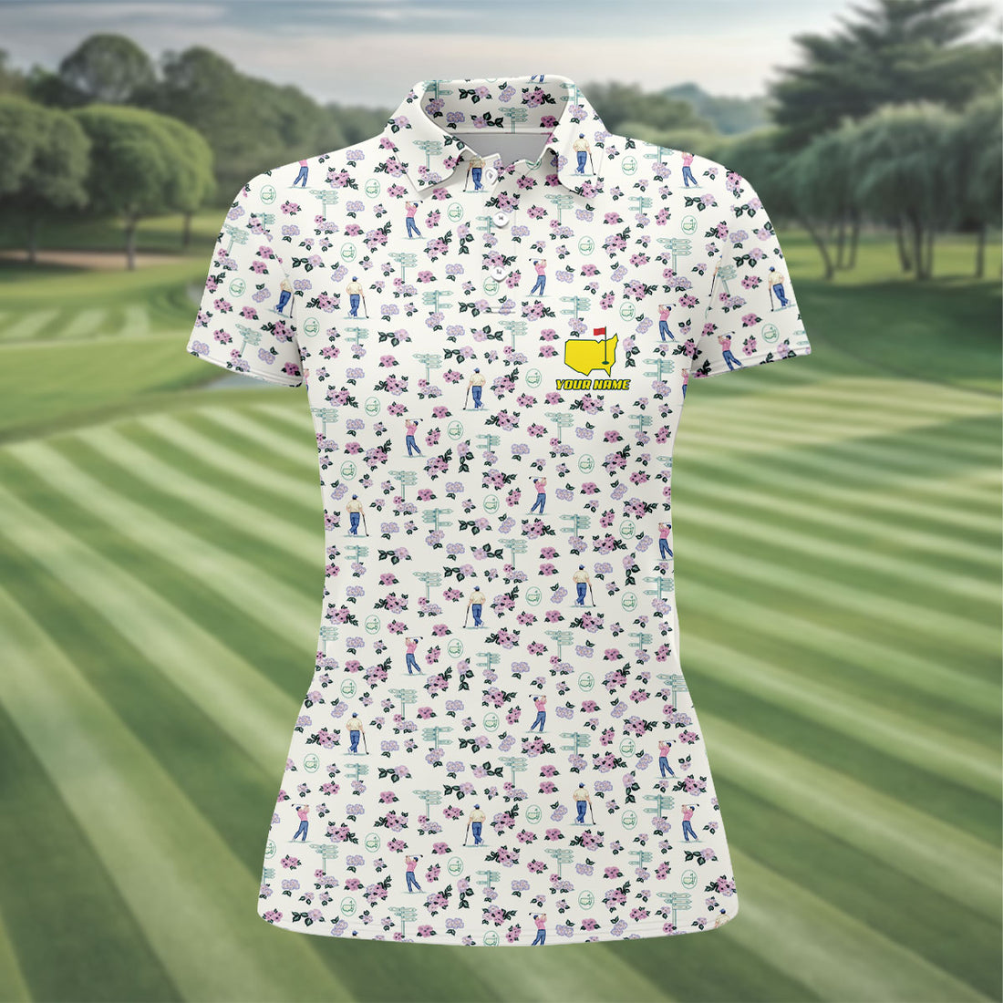 Golfer Pose With Azaleas Flower Performance Golf Shirt, Masters Tournament Women Golf Top, Ladies Golf Shirts