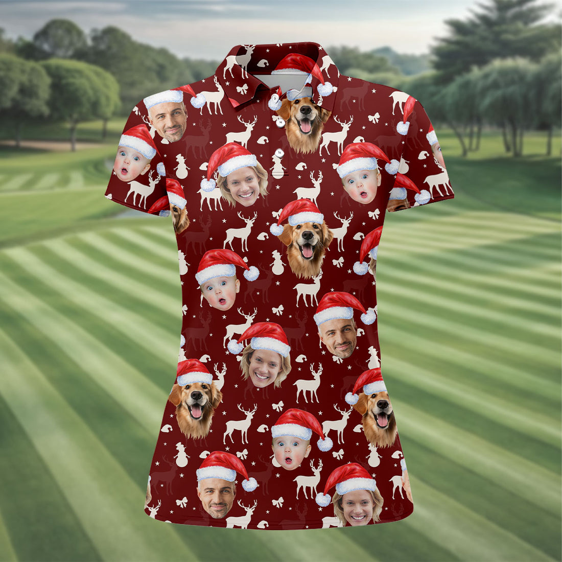 Custom Face Snow Figure Maroon Golf Shirt, Christmas Golf Shirt, Ladies Golf Tops, Golf Gifts For Women