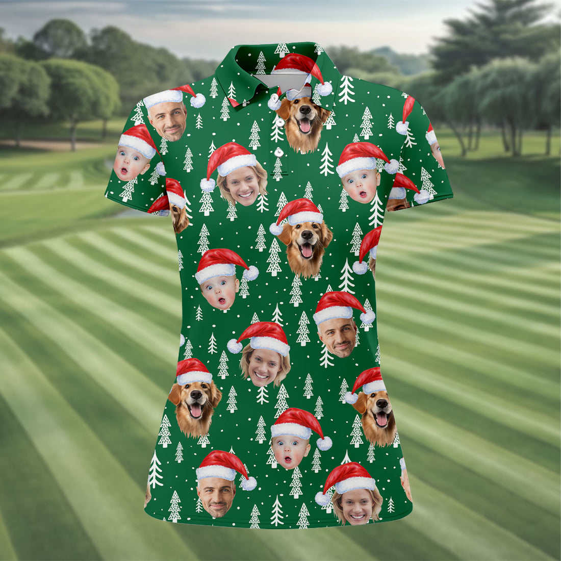 Custom Face Snow Pine Tree Green Golf Shirt, Christmas Golf Shirt, Women's Golf Tops, Golf Gift For Ladies