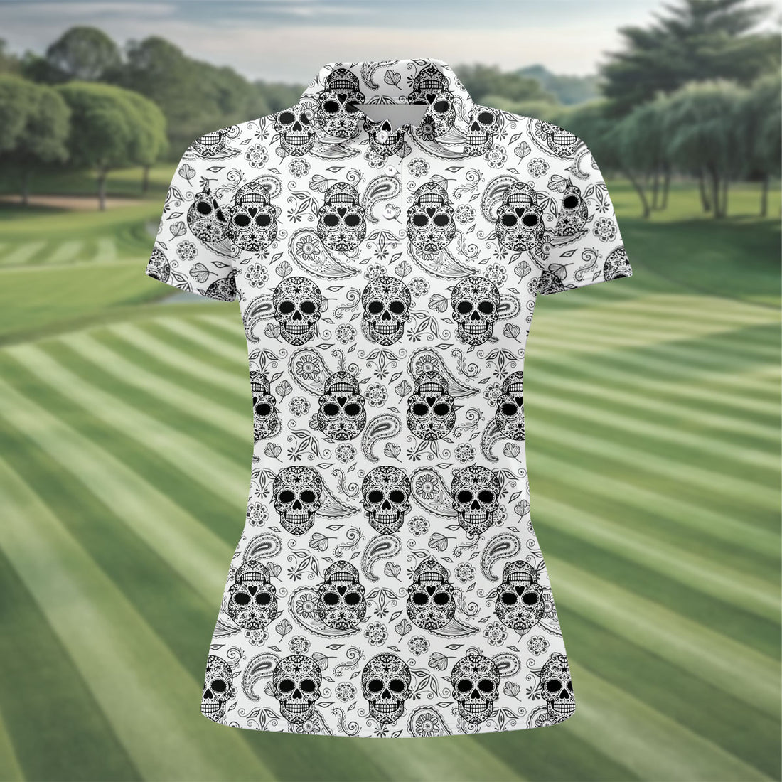 Sugar Skull Paisley Pattern Golf Polo Shirt, Ladies Golf Shirts, Women's Golf Apparel