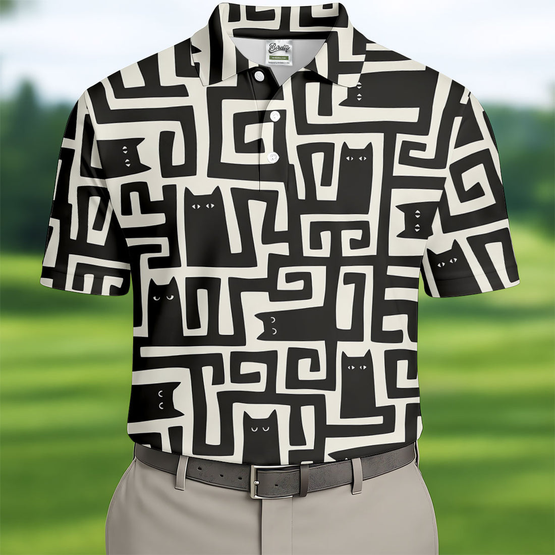 Minimalist Black Cat Maze Pattern Golf Polo Shirt, Men's Golf Shirt, Printed Golf Shirts