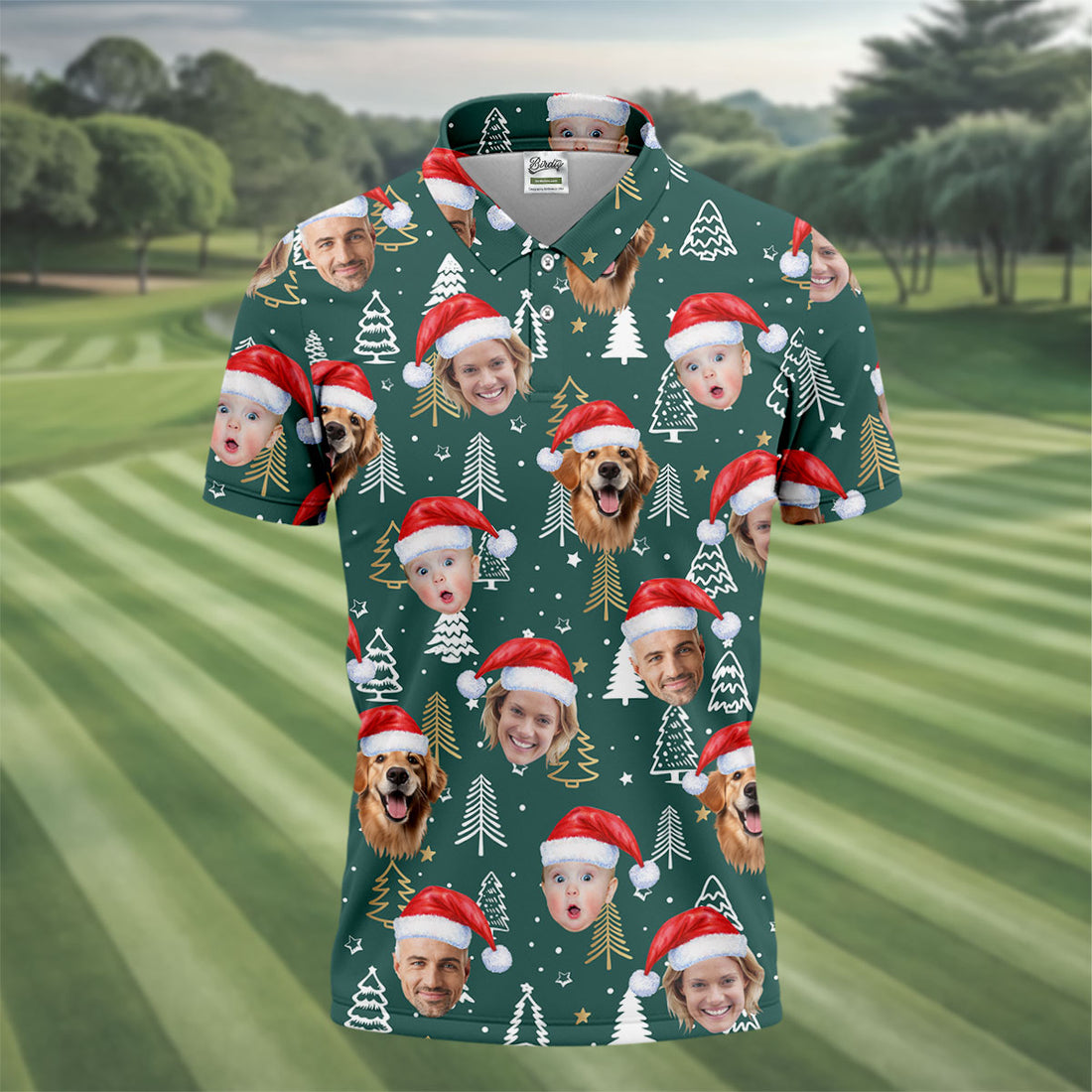 Custom Face Pine Tree Pattern Dark Green Christmas Golf Shirt, Golf Shirts For Men, Golf Gift For Men
