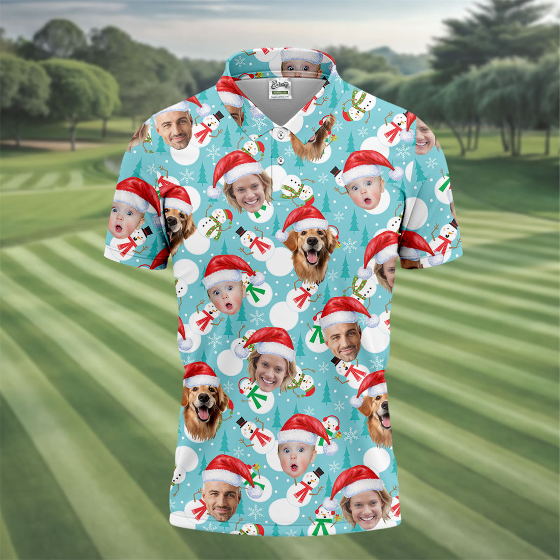 Custom Face Cute Snowman Ice Blue Christmas Golf Shirt, Golf Gift For Men, Golf Shirts For Men