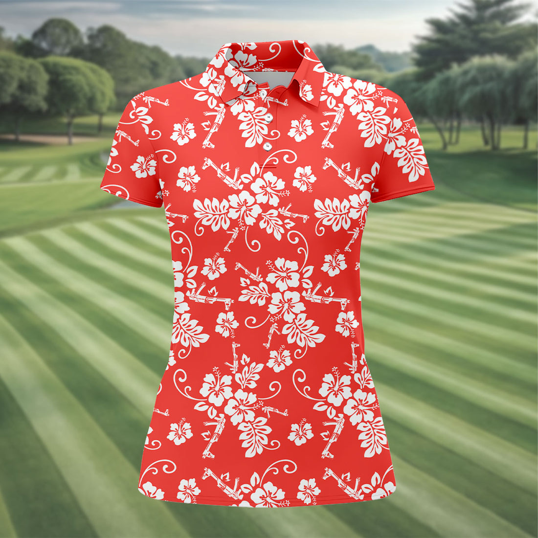 Tropical Flower Red Golf Shirt, Hawaiian Golf Shirt, Ladies Golf Tops, Golf Shirt For Women