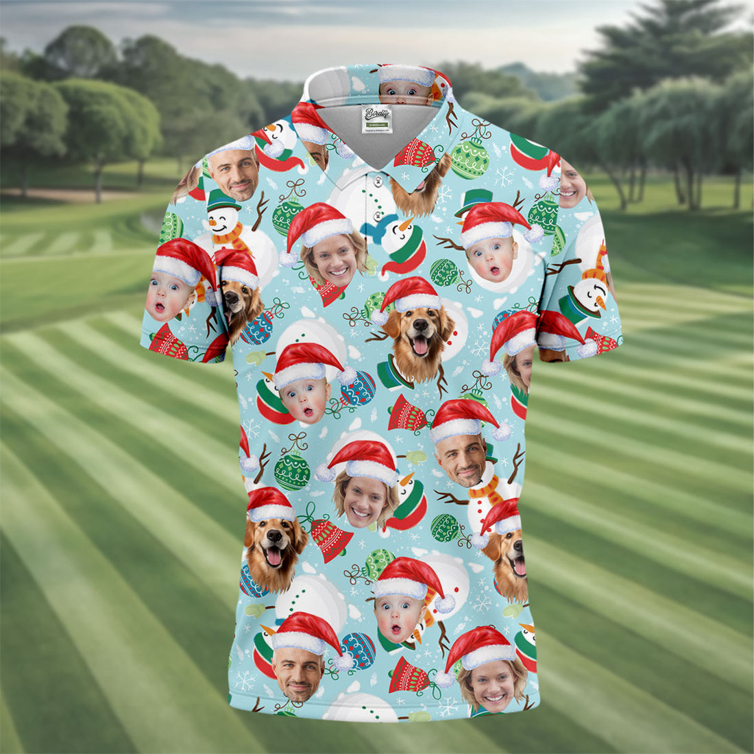 Custom Face Joyful Christmas Icy Blue Christmas Golf Shirt, Golf Gift For Men, Golf Shirts For Men