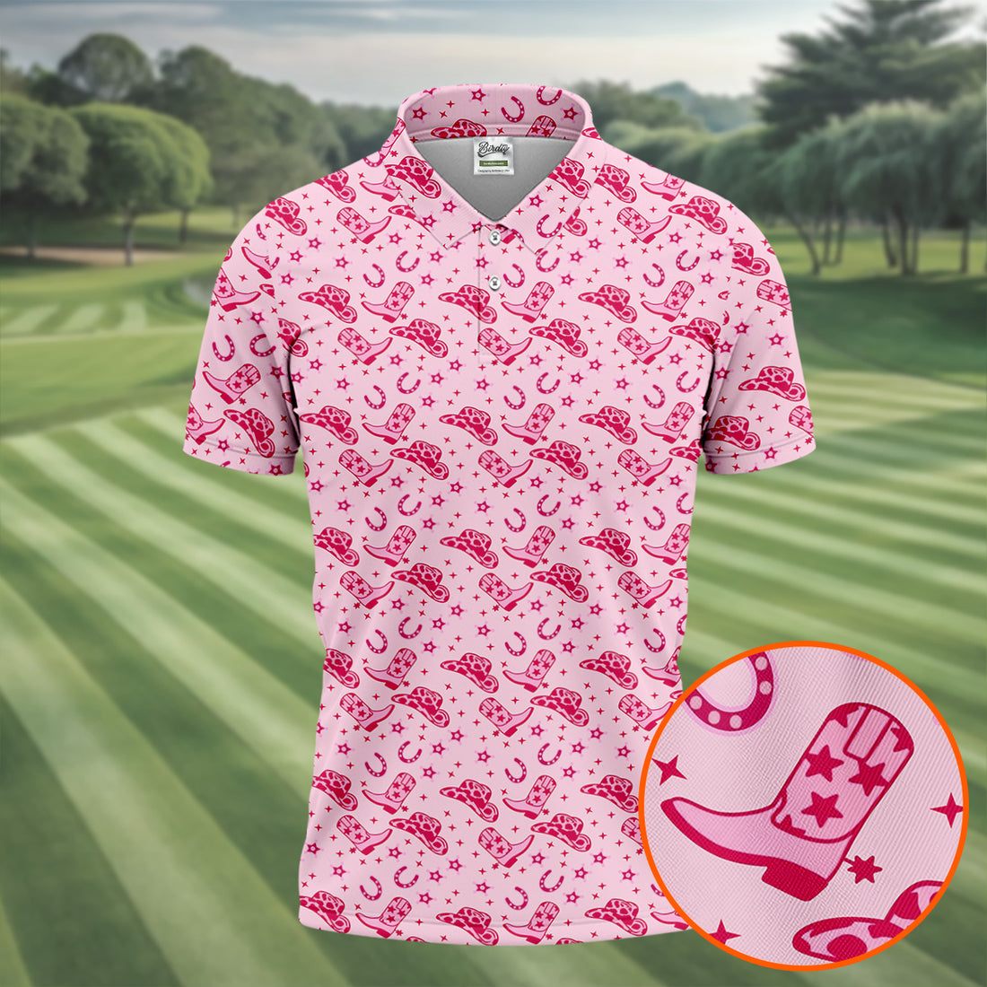 Pink Cowgirl Boots Hat Pattern Hawaiian Golf Shirt, Golf Polo Shirts For Men, Mens Golf Apparel