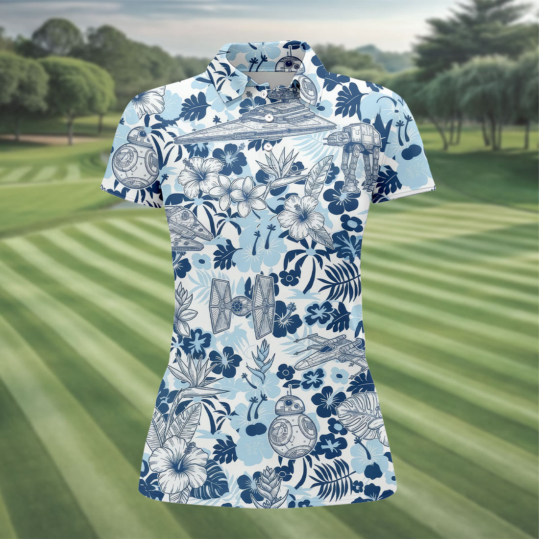 Retro Spacecraft Hawaiian Golf Polo Shirt, Women's Golf Tops, Golf Shirts For Women