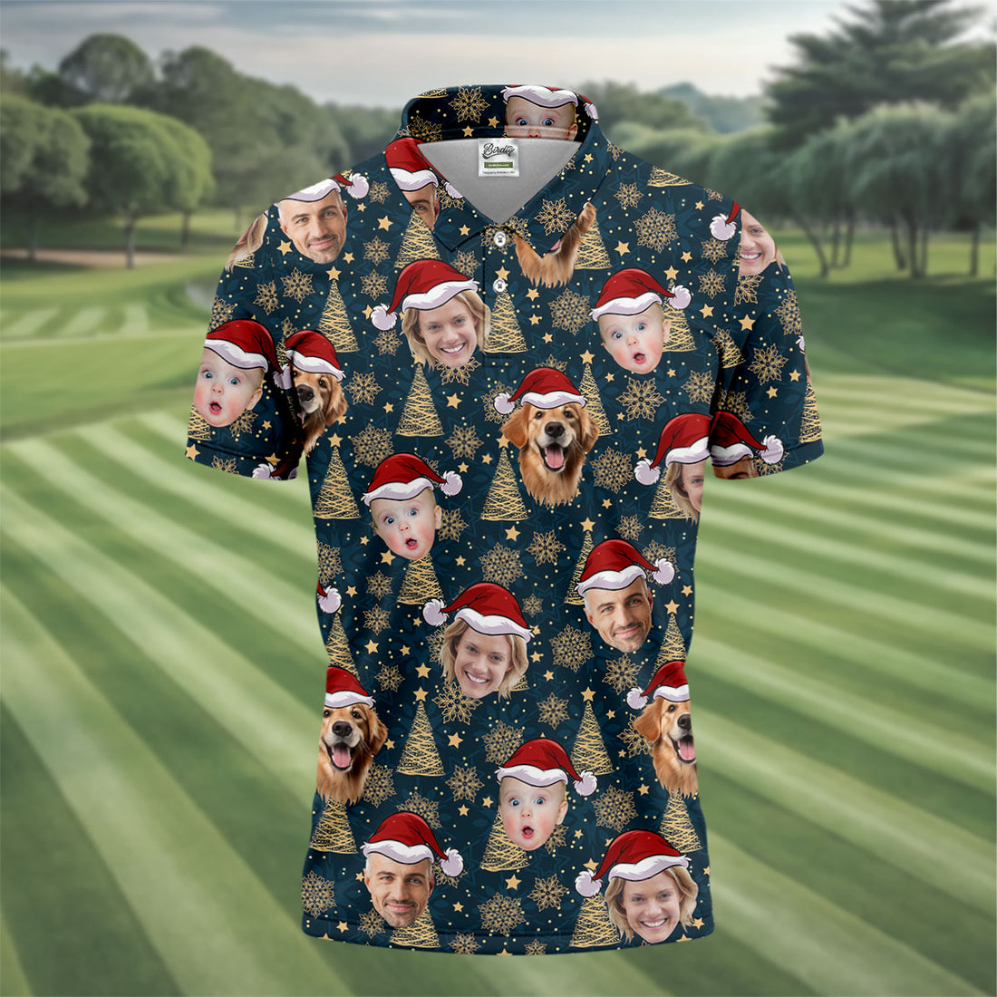 Custom Face Dark Blue And Gold Christmas Golf Tops For Men, Polo Shirts For Men, Christmas Golf Gift