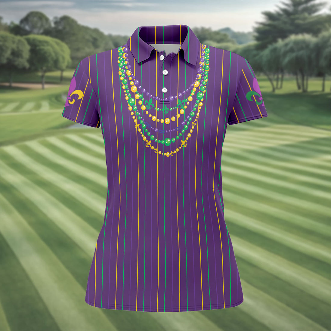 Mardi Gras Beads Necklaces Print Purple Golf Shirt, Women's Golf Shirts, Ladies Golf Polos, Golf Shirt For Women
