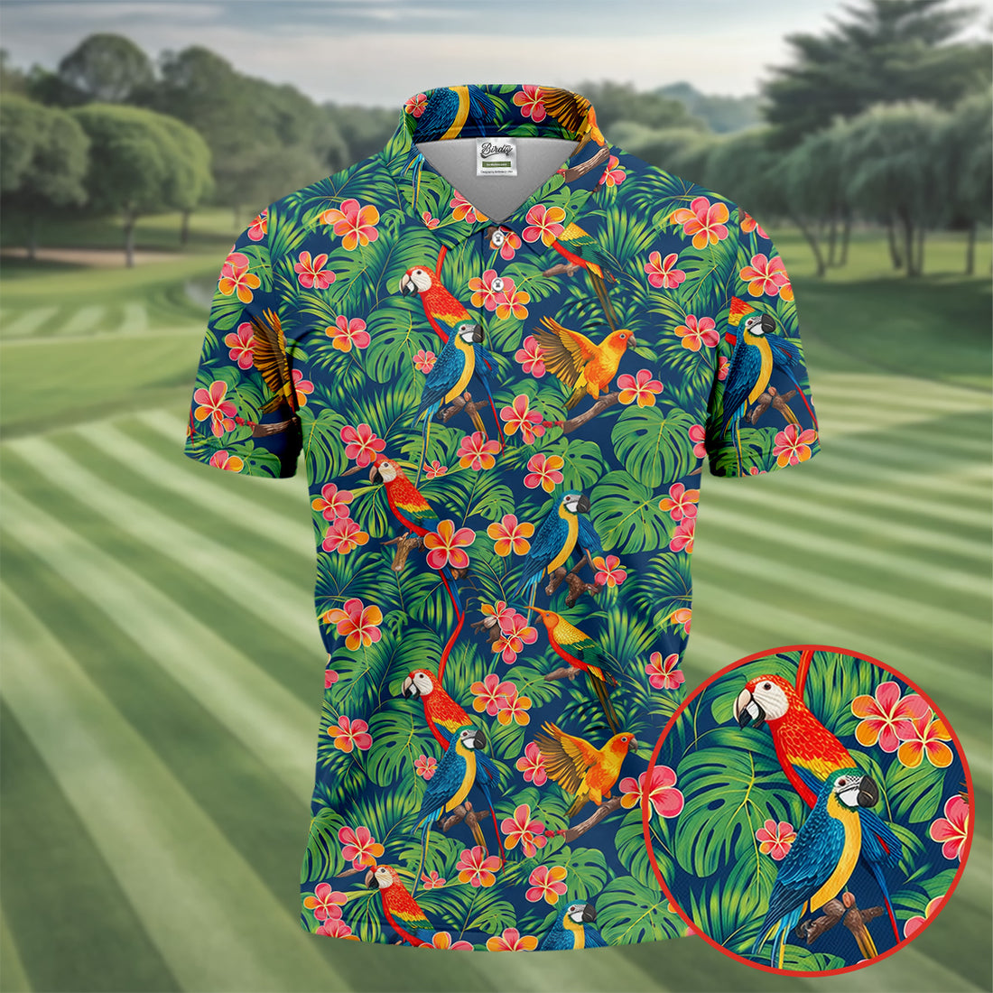 Tropical Parrot Jungle with Plumeria Blossoms Design Hawaiian Golf Polo, Golf Tops For Men, Golfing Apparel