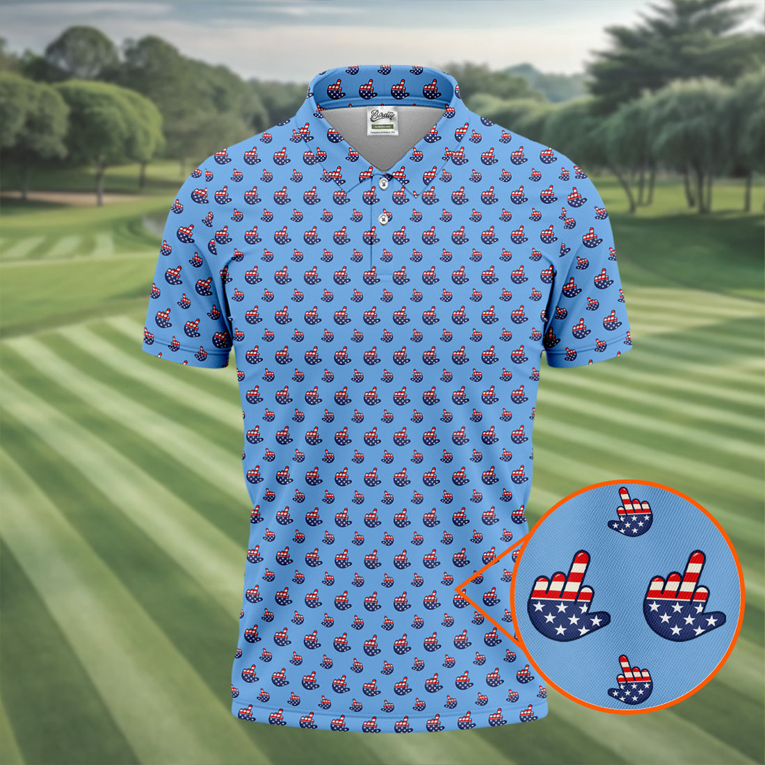 Funny Middle finger US Flag Pattern 250th Anniversary Blue Golf Shirt, 4th Of July Golf Shirts For Men