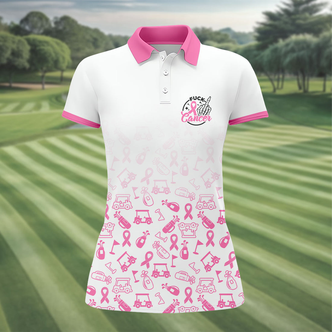 Fuck Cancer Pink Ribbon Breast Cancer Polo Shirt, Ladies Golf Top, Women’s Golf Apparel
