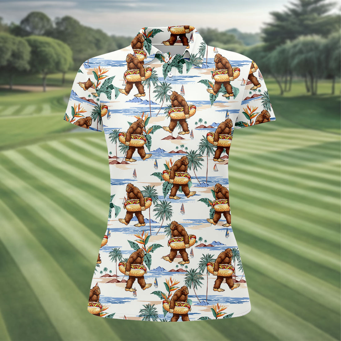 Funny Bigfoot Carrying Hot Dog Float Beach Golf Polo Shirt, Hawaiian Golf Shirt, Golf Apparel For Women