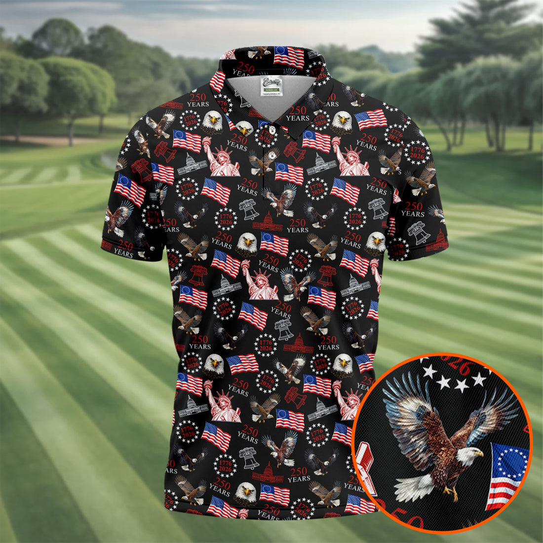 250 Years American Symbol Patriotic Pattern Black Golf Shirt, 4th Of July Golf Shirt, Golf Shirts For Men