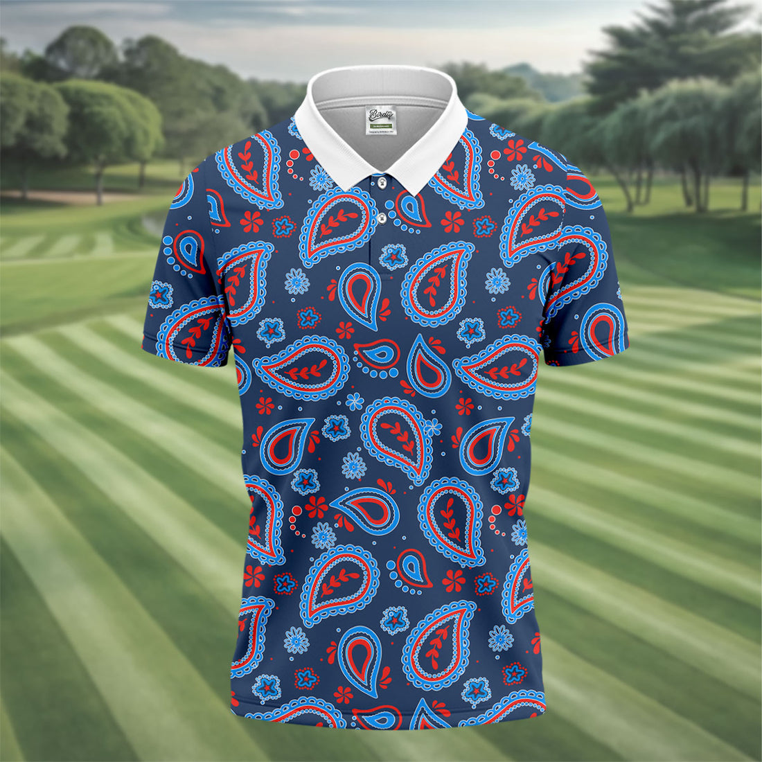 Blue Red Paisley Pattern Golf Polo Shirt, Golf Shirts For Men, Hawaiian Golf Shirt