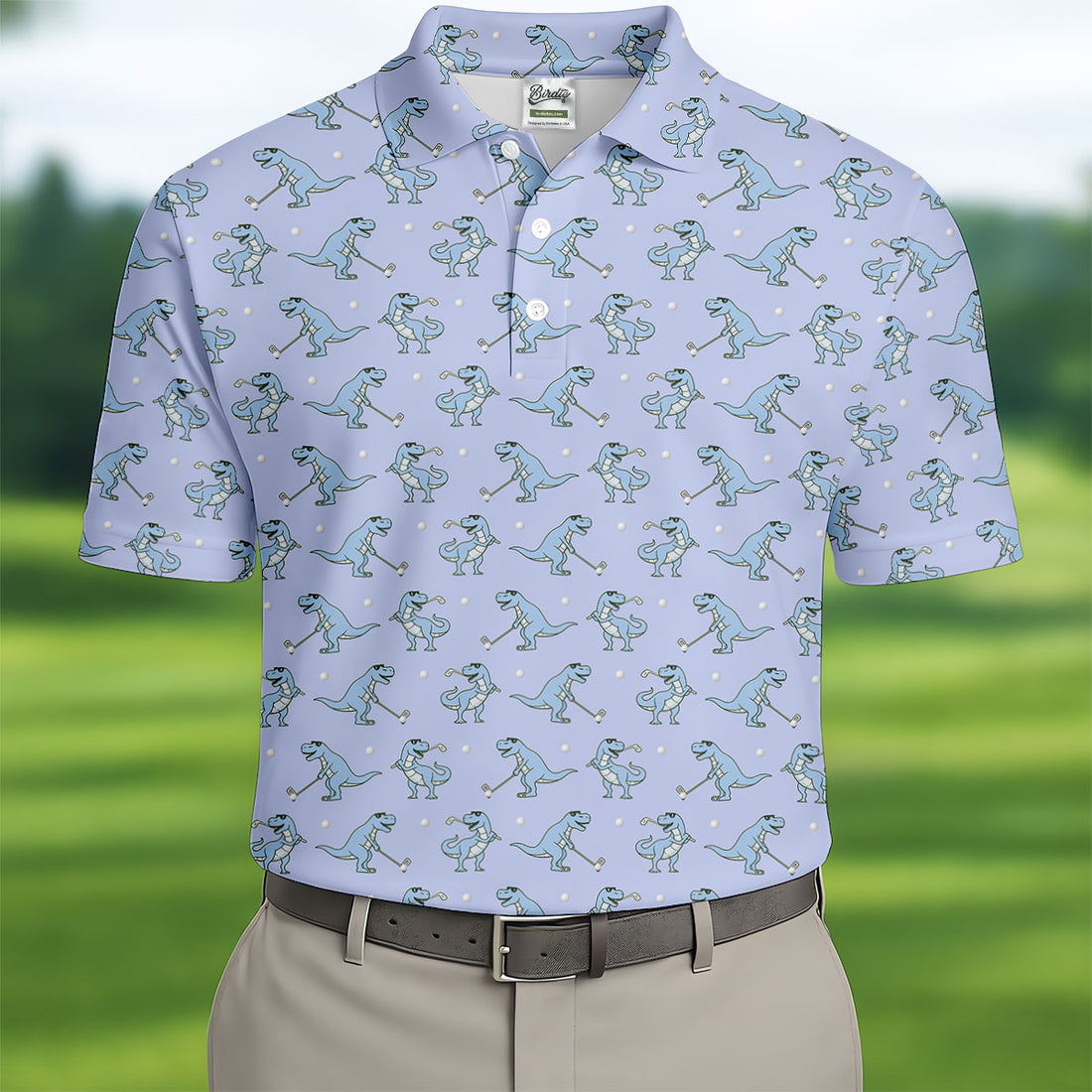 Blue T-Rex Dinosaur Golfer Pattern Golf Polo Shirt, Men's Golf Shirt, Mens Golf Polo