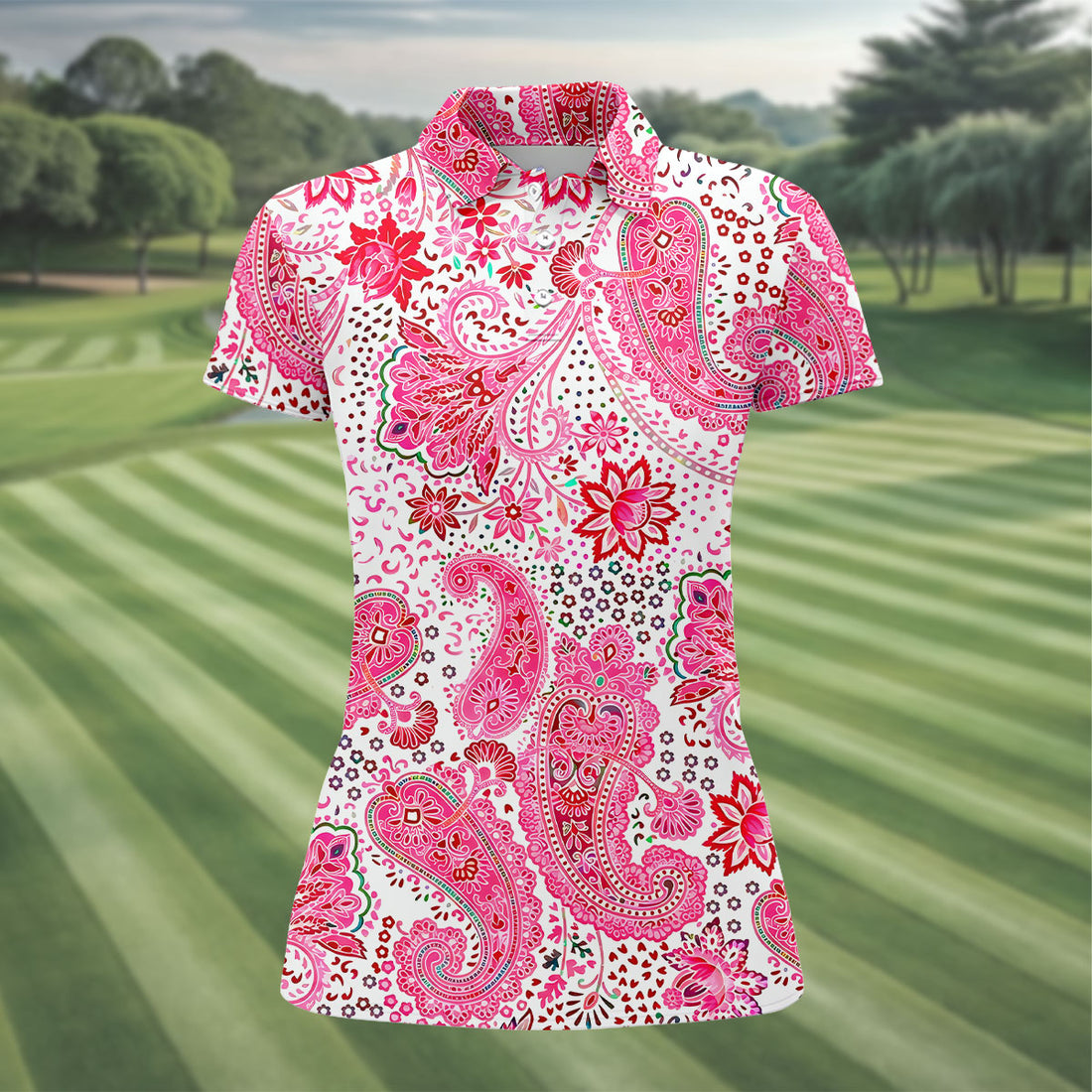 Pink Paisley Floral Pattern Golf Shirt, Golf Tops For Women, Hawaiian Golf Shirt, Women’s Golf Apparel
