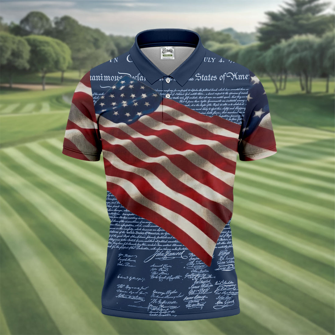 Patriotic American Flag Declaration Of Independence Navy Golf Shirt, 250th Anniversary Polo Shirts For Men
