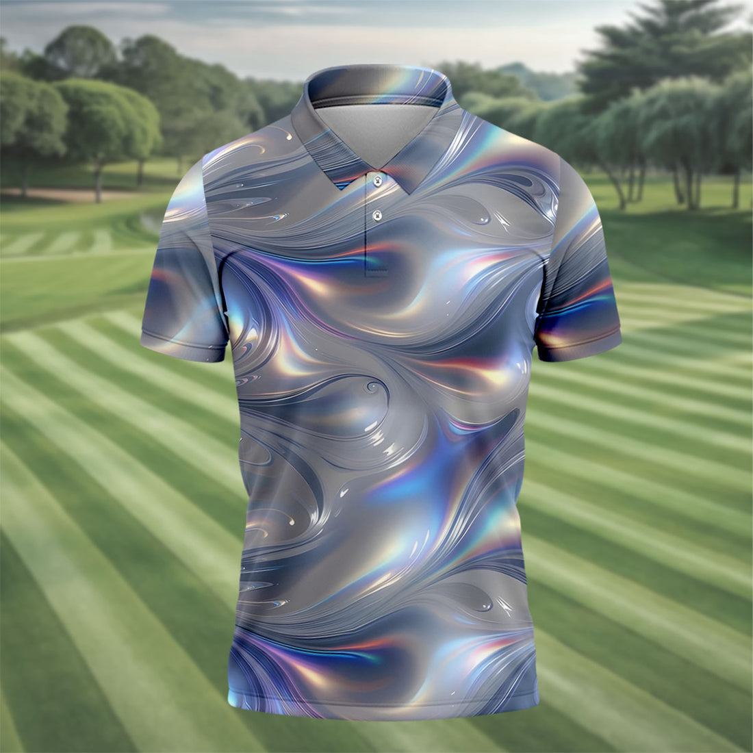 Silver Marble Golf Shirt, Futuristic Holographic Wave Pattern, Golf Shirt For Men