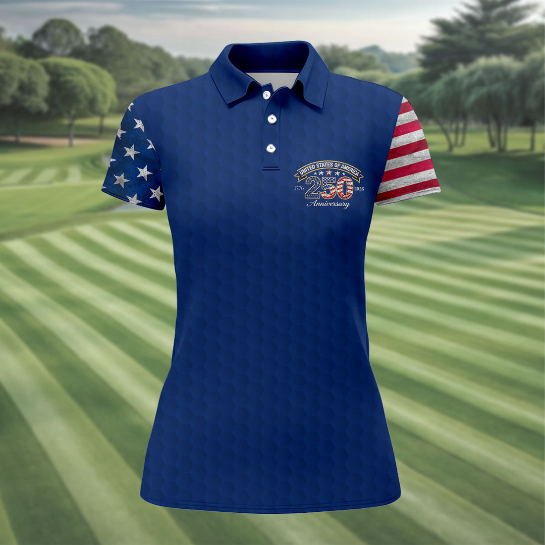 250th Anniversary Golf Ball Pattern Navy Golf Shirt, Patriotic 4th Of July Golf Shirt, Golf Shirt For Women