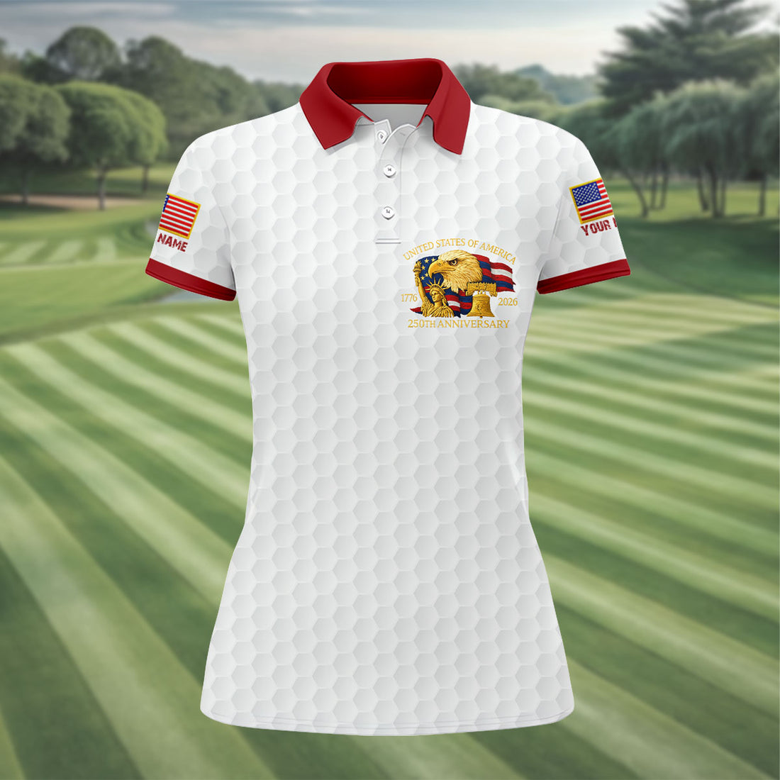 United States 250th Anniversary Patriotic Eagle White Custom Golf Shirts, 4th Of July Golf Shirt For Women