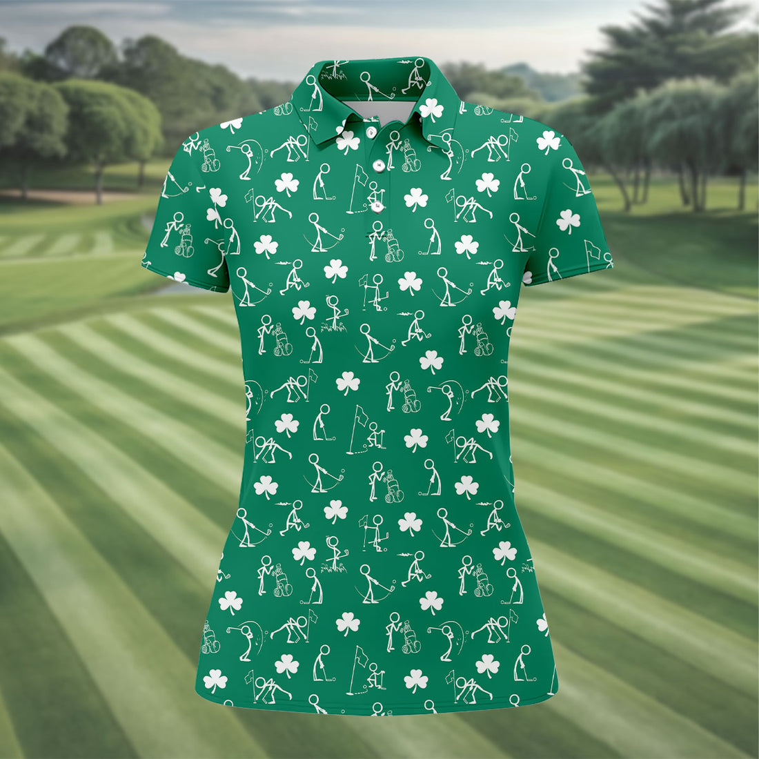 Stick Figure Golf Pose St Patrick's Day Shamrock Green Golf Shirt, Women's Golf Tops, Ladies Golf Polos
