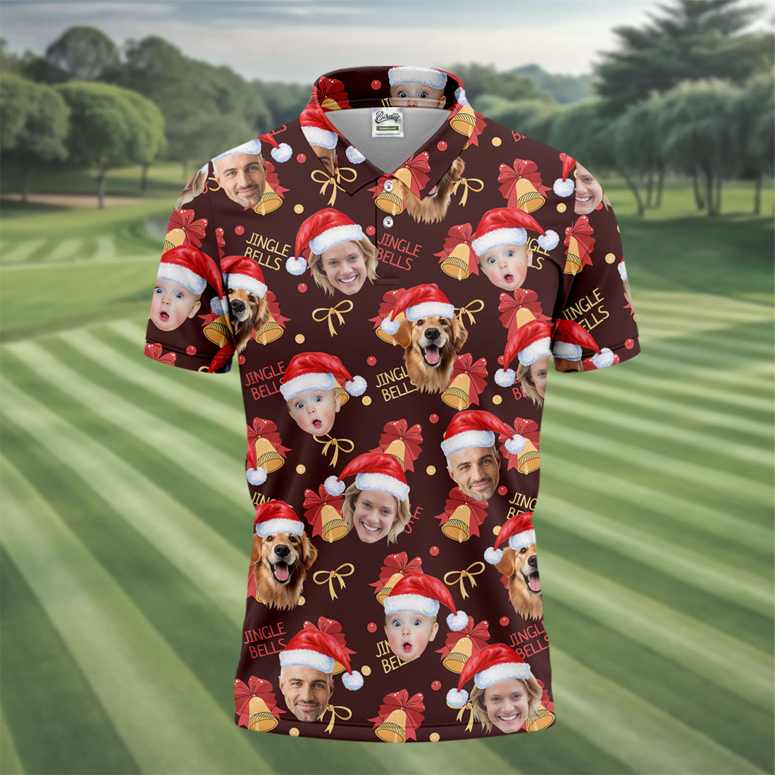 Custom Face Christmas Jingle Bells Brown Golf Shirt, Christmas Golf Shirt, Golf Shirts For Men, Golf Gift For Men