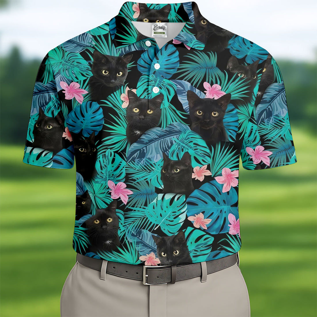 Black Cat Tropical Monstera Hawaiian Golf Polo Shirt, Hawaiian Golf Shirt, Golf Shirts For Men