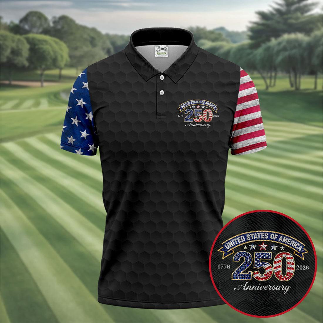 250th Anniversary Golf Ball Pattern Black Golf Shirt, Patriotic 4th Of July Golf Shirt, Golf Shirts For Men