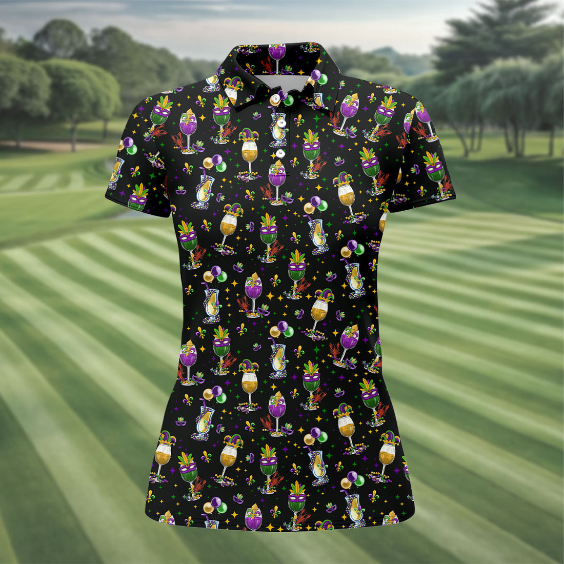 Mardi Gras Wine Glass Beaded Garland Fleur De Lis Black Golf Shirt, Women's Golf Tops, Ladies Golf Polos