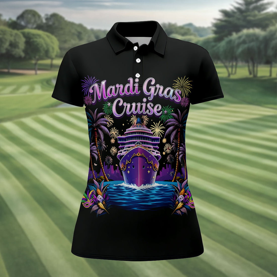 Mardi Gras Cruise Festive Theme Women's Golf Shirts, Women's Golf Tops, Ladies Golf Shirts