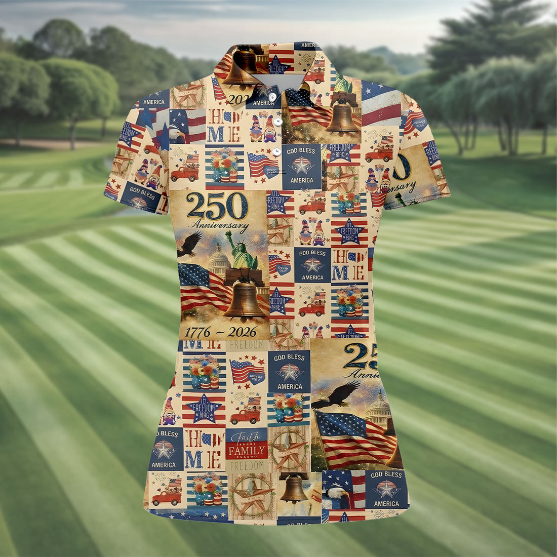God Bless America Celebrating 250 Retro Golf Shirt, Patriotic 4th Of July Golf Shirt For Women