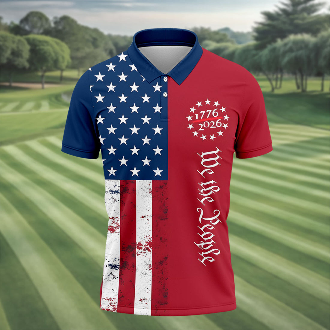 We The People 250 Years Red And Navy Vintage Golf Shirt, Patriotic 4th Of July Golf Shirts For Men