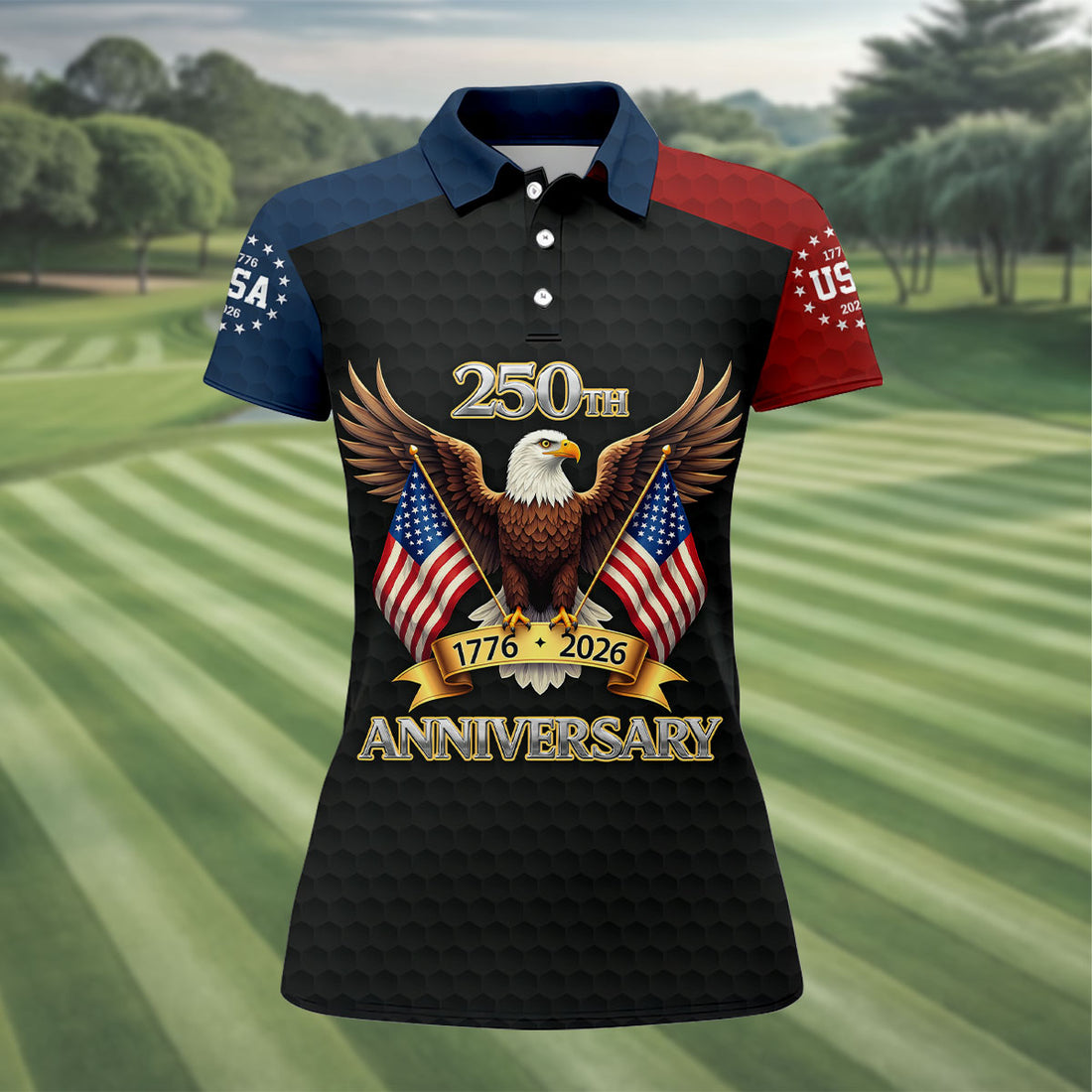American Eagle Anniversary Women's 250 Years USA Patriotic Golf Shirt, 4th of July Golf Shirt