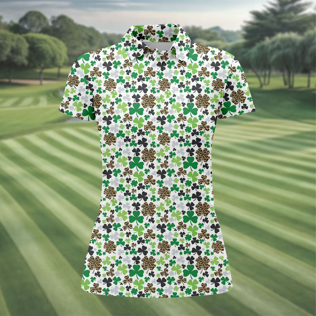 Leopard Pattern St Patrick's Day Shamrock Golf Shirt, Fun Women's Golf Shirts, Women's Golf Tops
