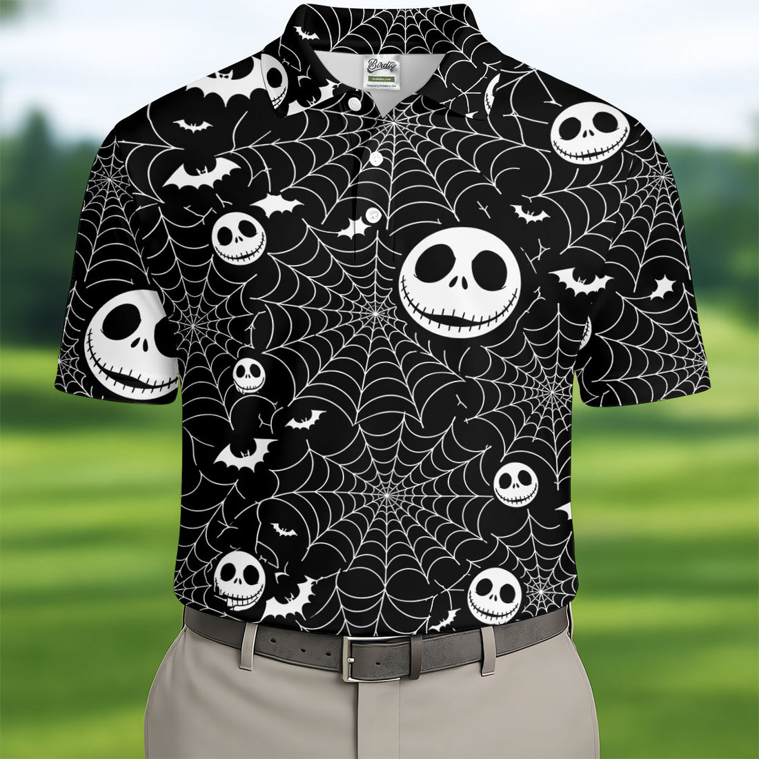 Black Horror Character Spider Web Pattern Golf Polo Shirt, Mens Golf Polo, Hawaiian Golf Shirt