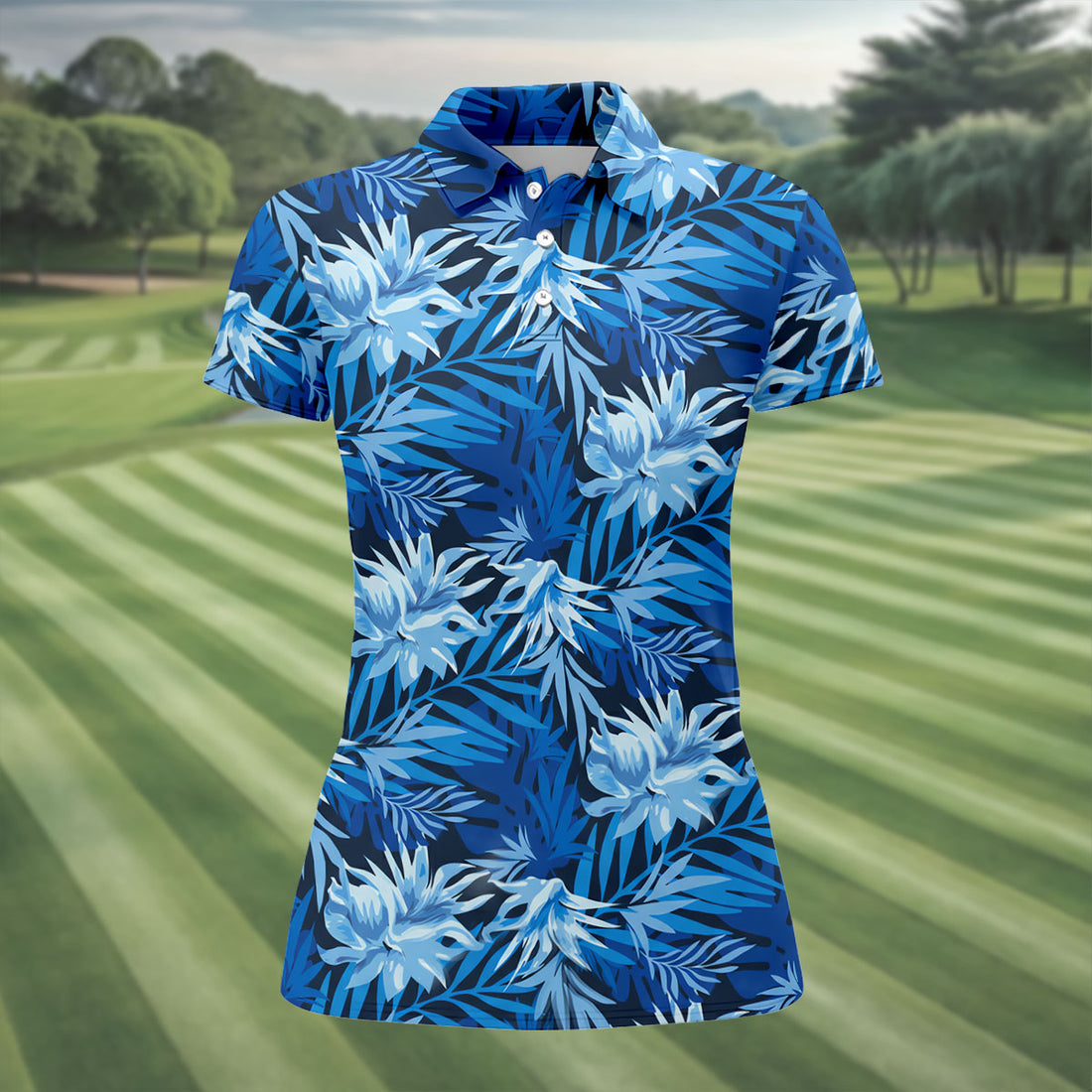 Blue Tropical Hibiscus Floral Golf Shirt, Womens Golf Tops, Women’s Golf Apparel