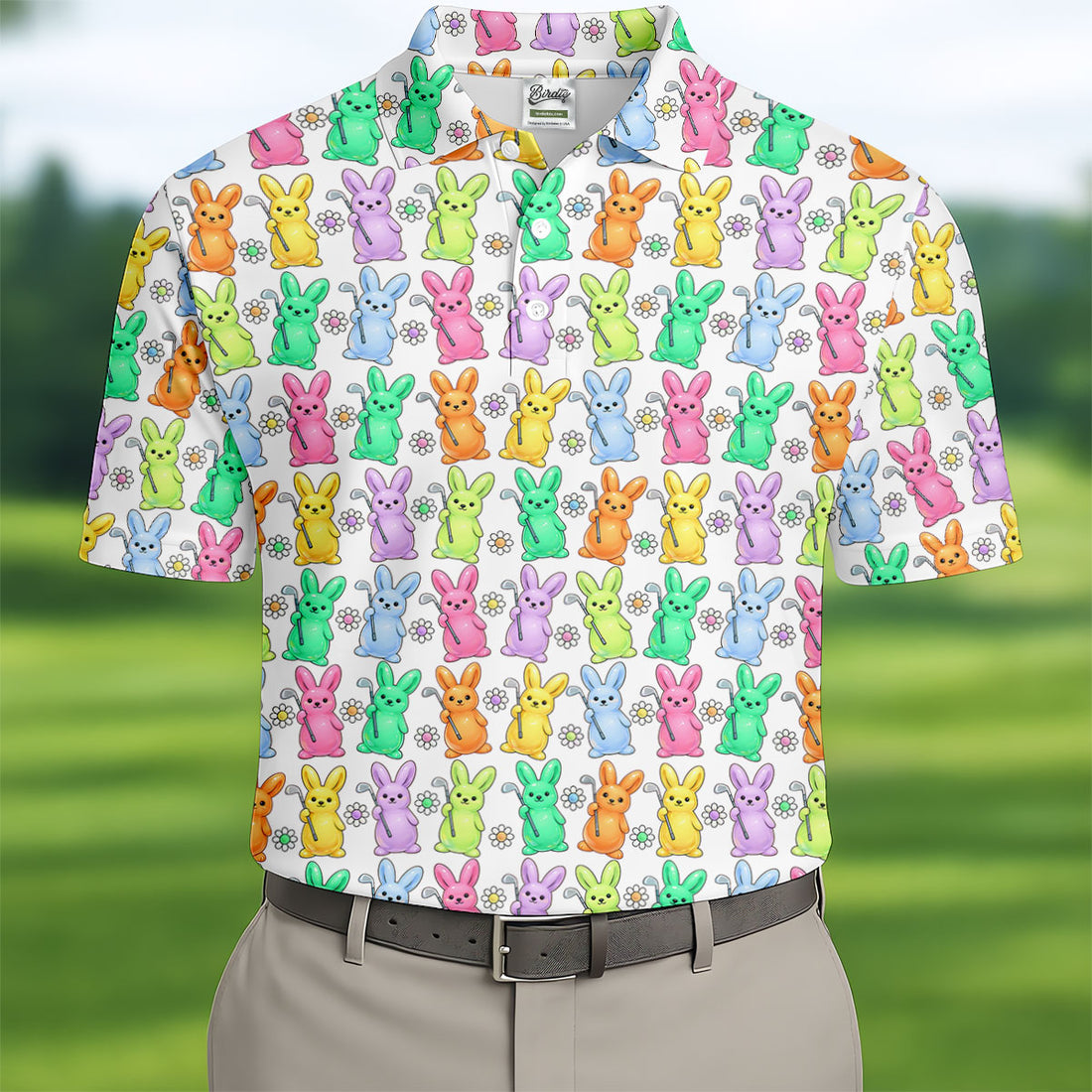 Colorful Easter Bunny White Golf Shirt, Cute Golf Outfit, Golf Shirts For Men, Golf Gift For Men