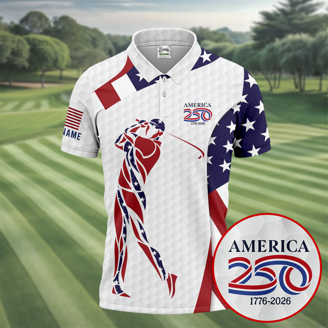 America 250 Golfer Pose Golf Ball Pattern 4th Of July Golf Shirt, Patriotic Golf Shirt, Golf Shirts For Men