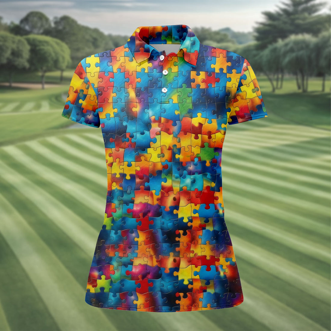 Autism Awareness Rainbow Gradient Puzzle Pattern Women's Golf Tops, Golf Shirt For Women, Ladies Golf Polos