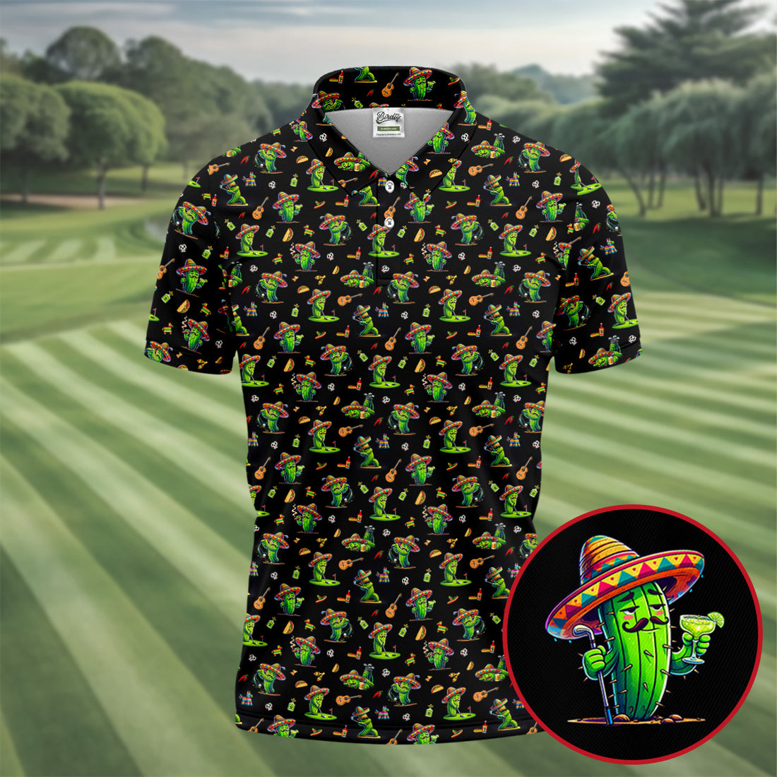 Cartoon Mustach Funny Cactus Cinco De Mayo Celebration Fiesta Themed Black Golf Shirts For Men