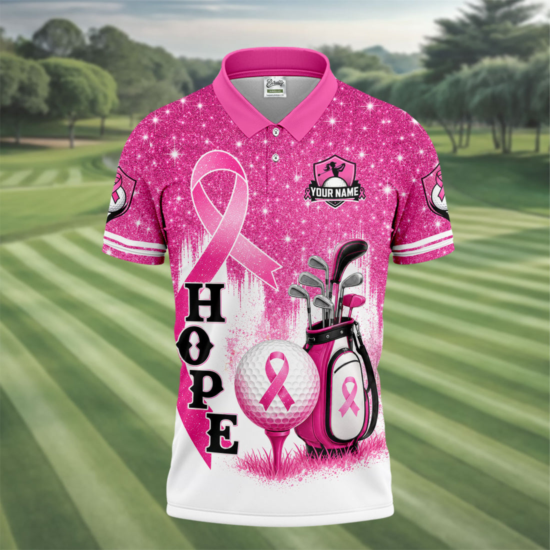 Custom Female Golfer Hope Breast Cancer Polo Shirt, Golf Shirts For Men, Mens Golf Apparel