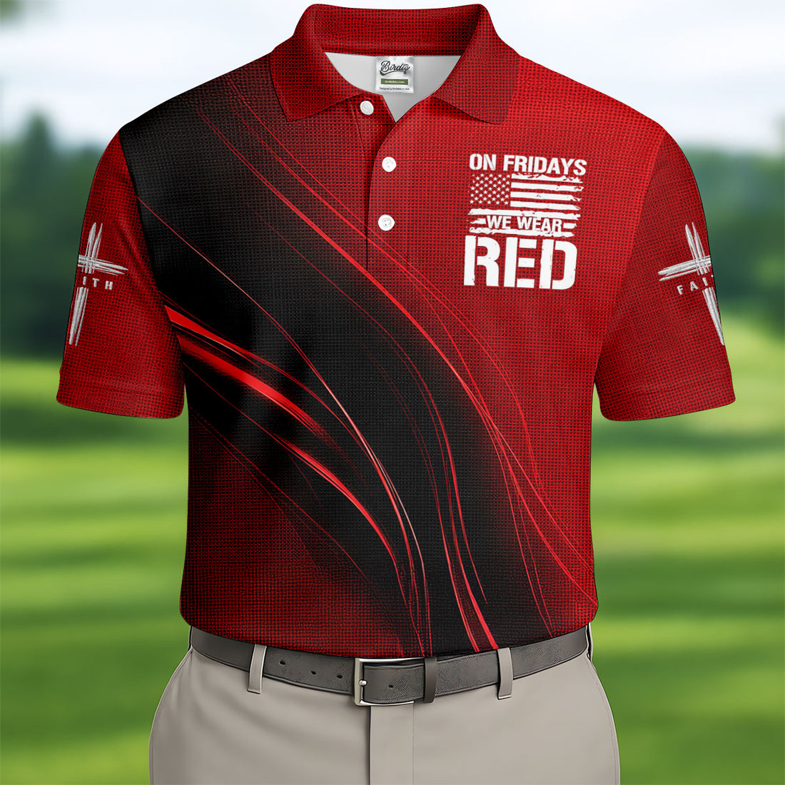 On Friday We Wear Red Faith Cross Red Black Gradient Patriotic Golf Shirt, 250 Years Polo Shirts For Men