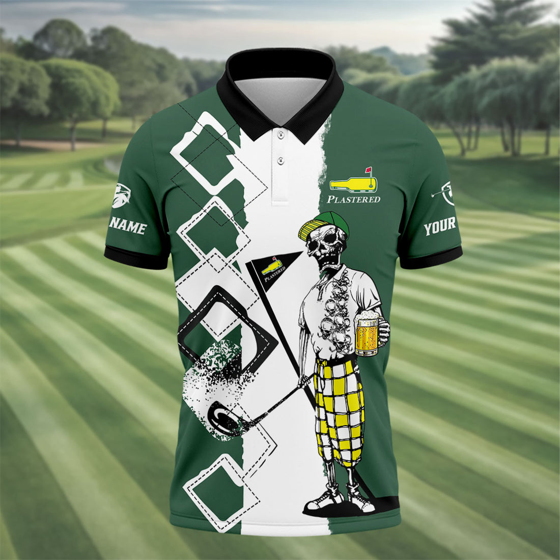 Plastered Golf And Beer Funny Skeleton Performance Golf Shirt, Golf Tournament Tops For Men, Golf Shirts For Men