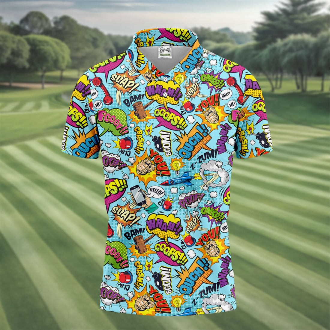 Comic Pattern Hawaiian Golf Shirt, Retro Style Men's Golf Shirt, Polo Shirts For Men