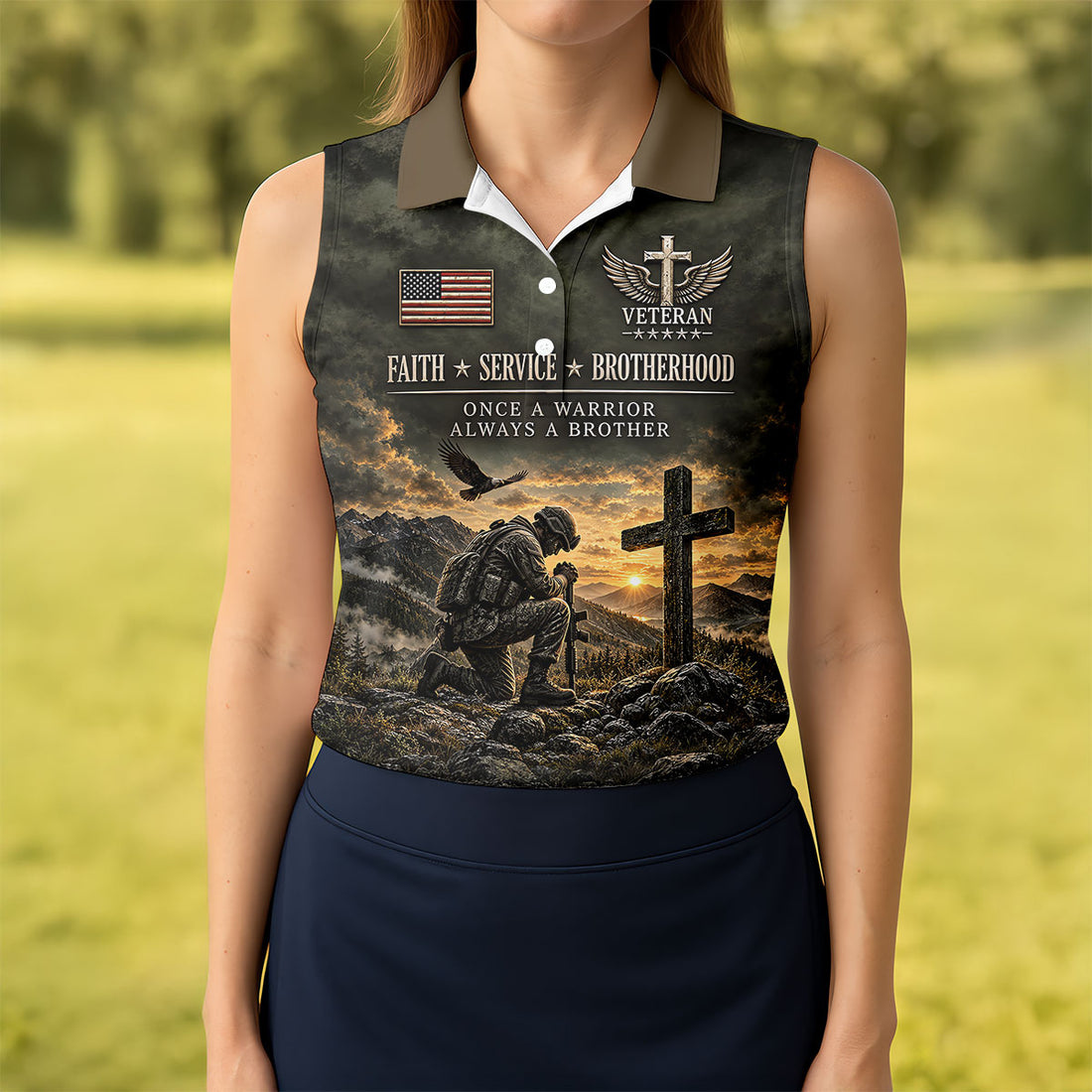 Veterans Day Praying Soldier Cross Polo Shirt, Golf Tops For Women, Ladies Golf Tops