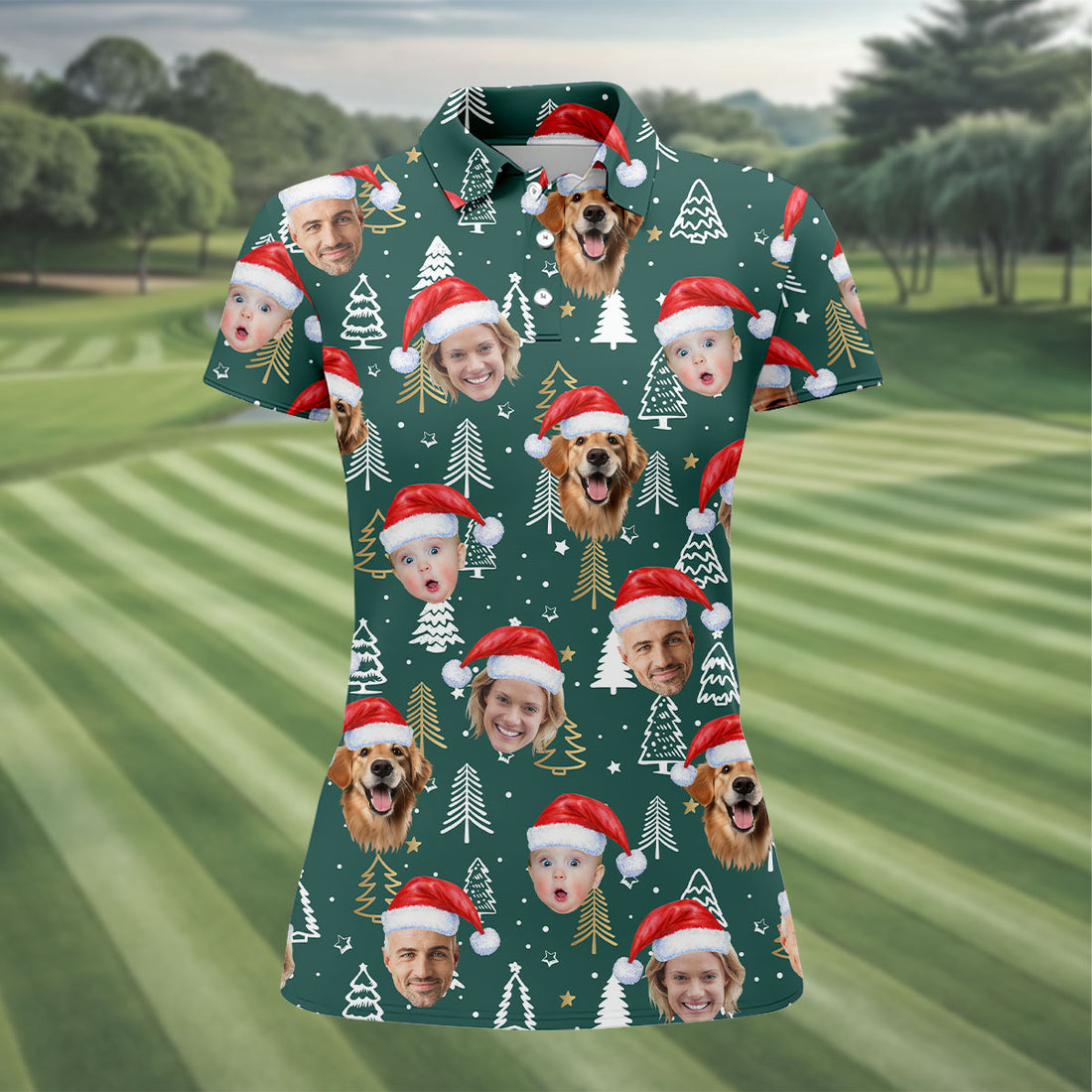 Custom Face Pine Tree Pattern Dark Green Christmas Golf Shirt, Ladies Golf Shirts, Golf Gifts For Women